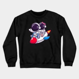 Cute Astronaut Couple Riding Rocket Cartoon Crewneck Sweatshirt